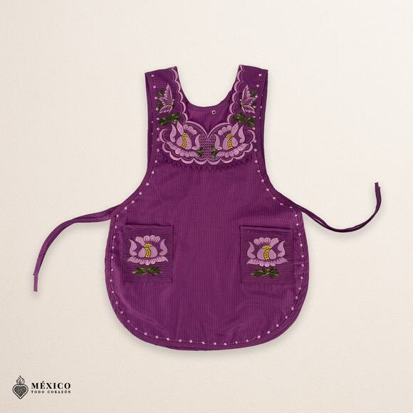 Violet Mexican Embroidered Smock Apron – Floral Traditional Design - Picture 3 of 8